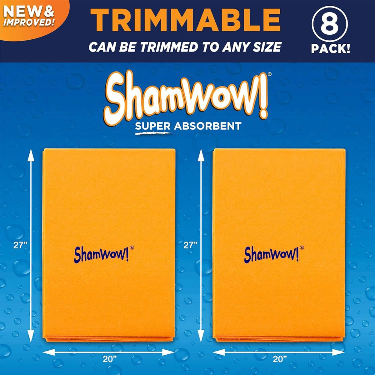 Original Shamwow - Super Absorbent Multi-Purpose Cleaning Shammy Chamois Towel Cloth - Holds 10X its Weight in Liquid - Machine Washable - Will Not Scratch (8 Pack, Orange)
