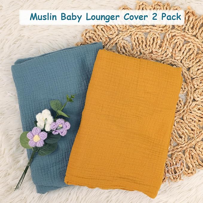 Hooyax Baby Lounger Cover 2 Pack - 100% Muslin Cotton Newborn Lounger Pillow Covers Only, Soft Breathable Infant Lounger Cover with Reinforced Stitching, Fits Most Standard Baby Loungers (Blue Ginger)