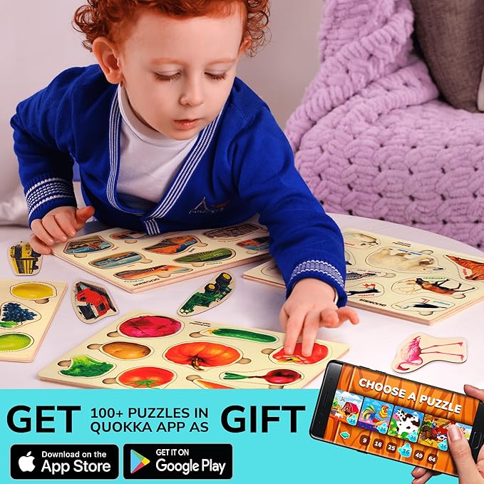 QUOKKA Wooden Puzzles for Toddlers 1-3 – 3xSET Kids Puzzles Ages 2-4 – Montessori Toy Puzzle for Toddlers 3-5 – Wood Toy Learning Realistic Fruits - Cars - Vegetables for Boy and Girl