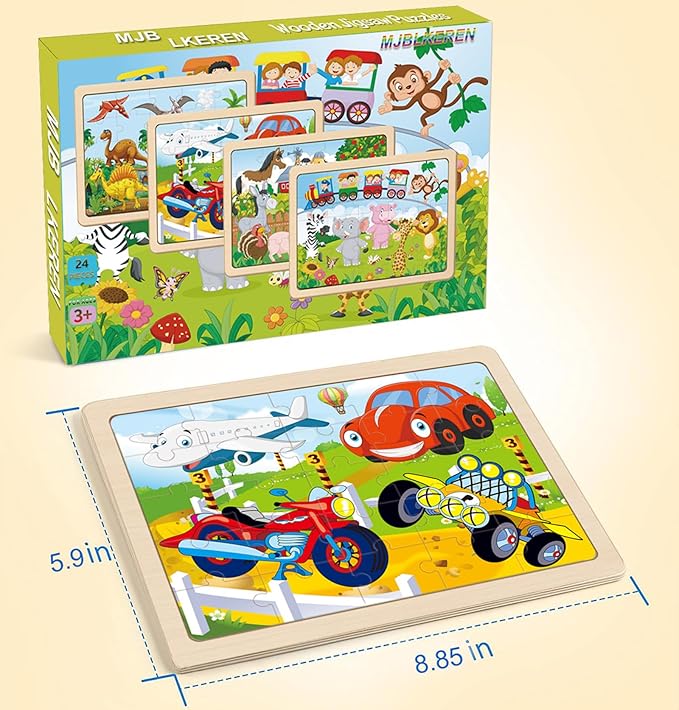 Wooden Puzzles for Kids Ages 4-6, 4 PCs 24 Animals Cars Farm Dinosaur World Jigsaw Puzzles, Preschool Educational Brain Teaser Toys for 3 4 5 6 7 8 Years Old