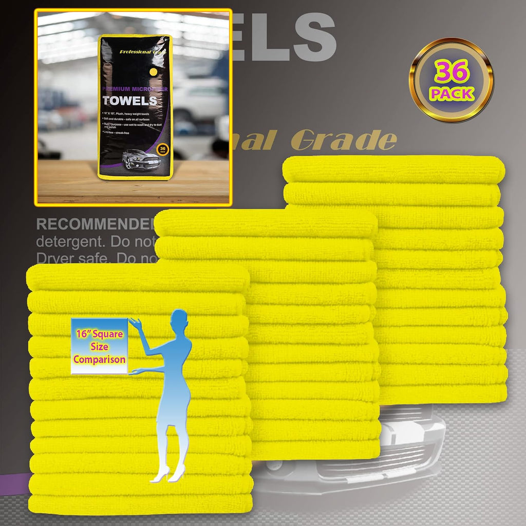Blue Horizon Microfiber Cleaning Towels, 36-Pack, Ultra Soft Plush Washcloth, Professional Grade Premium Microfiber Detailing Cleaning Cloths, Car, Household and Commercial (Yellow, 16" x 16")