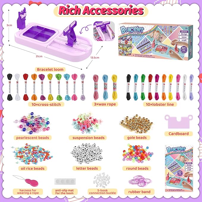 Friendship Bracelet Making Kit, Arts and Crafts Loom Bracelet Maker for Kids, Jewelry String Making supplies with 3 Thread Styles & 6 Bead Types, Christmas Birthday Gifts for Girls Ages 6 7 8 9 10+