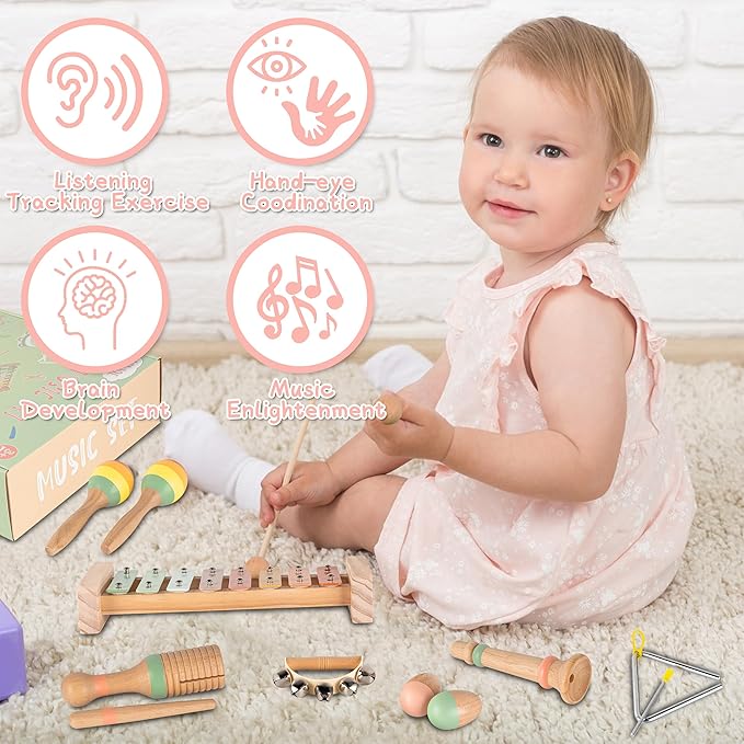 VINJOE Baby Musical Instruments-Toddler Montessori Wooden Musical Toys for Kids 1-3, Neutral Colors Percussion Instruments Set Early Learning Musical Toys for Preschool Educational Birthday Gifts