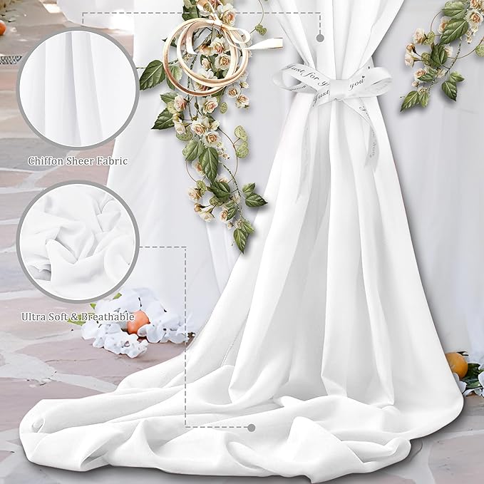 Horbaunal White Chiffon Fabric by The Yard, 1 Yard Continuous Sheer Fabric 59" Wide Soft Draping Fabric for Wedding Arch Draping Party Backdrop DIY Sewing