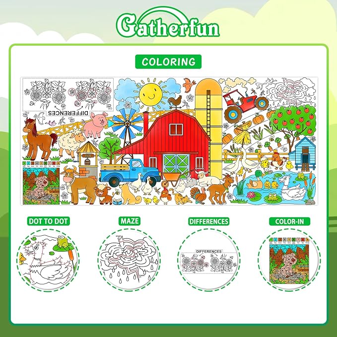 Gatherfun Farm Animal Party Giant Coloring Poster - 31.5X 72 Inches - Versatile Classroom Wall Décor & Birthday Activity - Farm Poster or Table Cover for School Parties and Special Events
