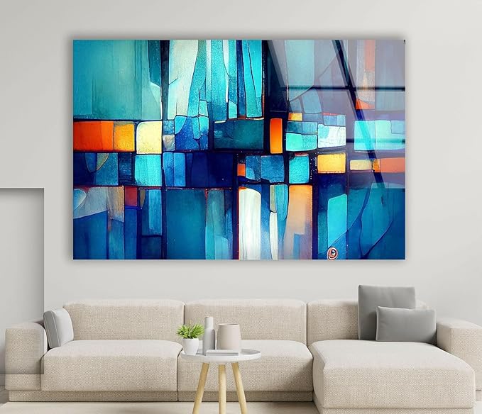 My Photostation.com 60WX40H'' Blue Vibrant Stained Glass Wall ArtTempered Glass Printing Wall Decor Large Wall Art Wall Hangings