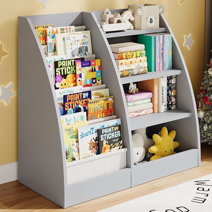 4 Tier Kids Bookshelf,4 Layer Sling Kids Book Shelf for Kids Rooms,Wood Children Bookcase,Baby Storage Book Rack,Toddler Bookshelf, Book and Toy Organizer,Book Display Shelf for Bedroom, Nursery