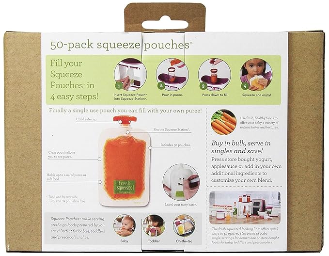 Infantino Disposable Squeeze Pouches - Pack of 50 Disposable Pouches for Portable Homemade semi-Solid Food for Babies and Toddlers, BPA and PVC Free, Freezer Safe