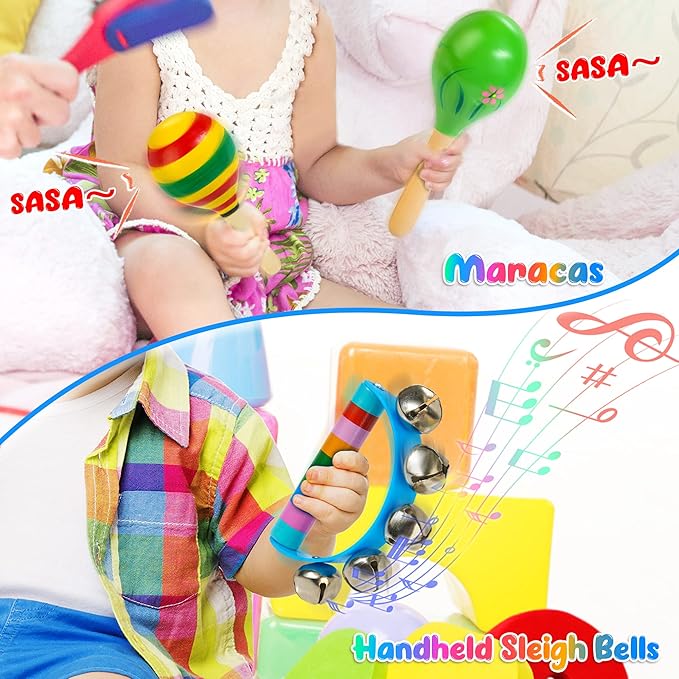 Kids Musical Instruments, 12pcs Wooden Musical Toys for Toddlers 2-4 with Xylophone Maracas Tambourine, Educational Baby Musical Toys Birthday Gift for 2 3 4 5 Years Old Girls Boys