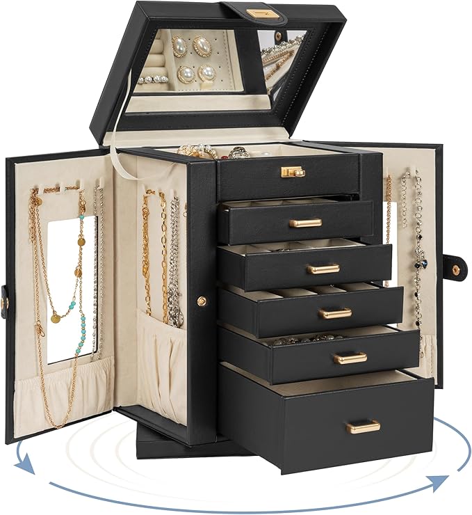AKOZLIN Jewelry Box 6-Tier Organizer Functional 360° Rotating Jewelry Storage Case for Women Girls Ring Necklace Earring Bracelet Holder with Mirror