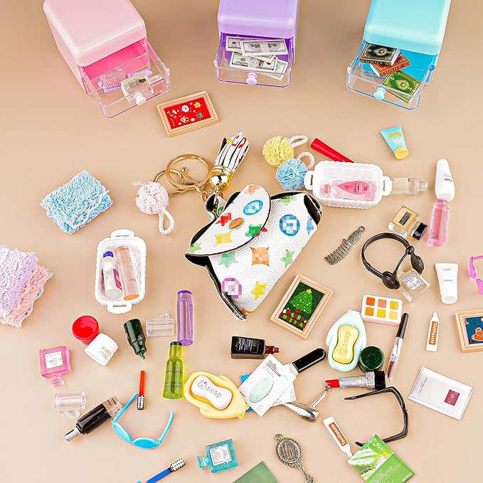 87Pcs Dollhouse Miniature Bathroom Accessories Cosmetic & Toilet Pretend Play Mini Makeup Set with Shampoo Perfume Hair Dryer Comb Purse Decor DIY Doll Backpack Glasses Photo Frame Salon Spa