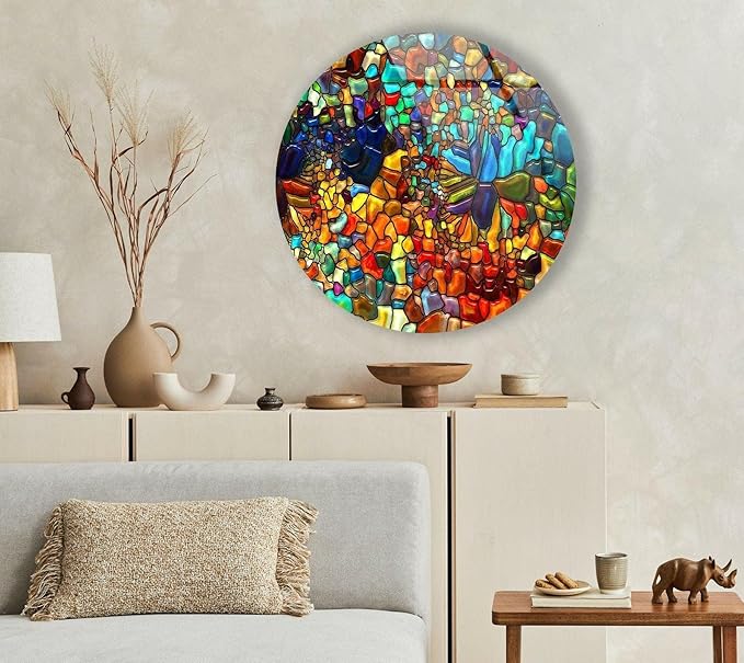 My Photostation.com 15.8''(40cm) Diameter Red Mosaic Round Glass Wall Art Tempered Glass Printing Wall Decor Large Wall Art Wall Hangings