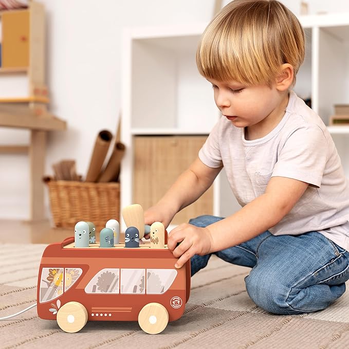 Speedy Monkey Bus Pounding Bench, Pull-Along Bus with Hammering Activity, 8 Wooden Characters, Enhances Hand-Eye Coordination, Safe Design, Non-Toxic Paint, Educational Toy for Kids 2-5 Years