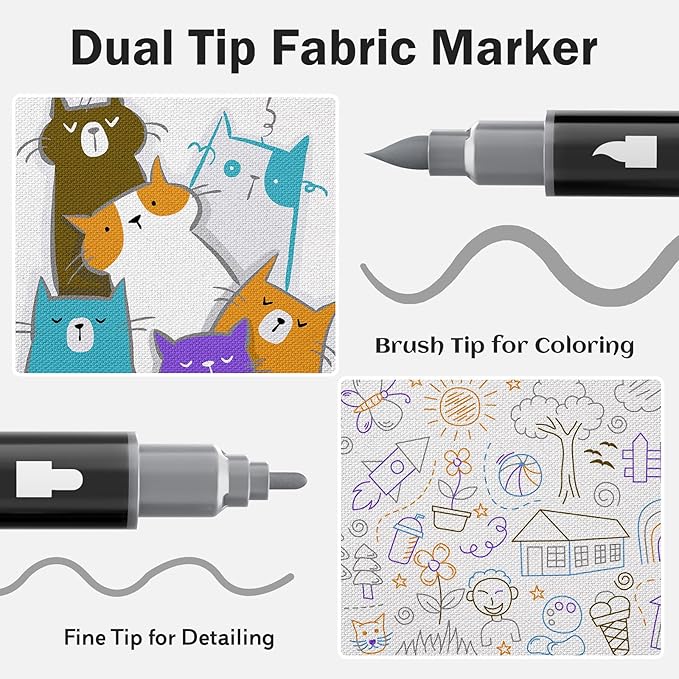 Dual-Tip Fabric Markers Permanent for Clothes No Bleed, Quick Dry & Non-Toxic Fabric Paint Pens Set for Canvas, T-Shirts, Bags, Textile, 5 Pack