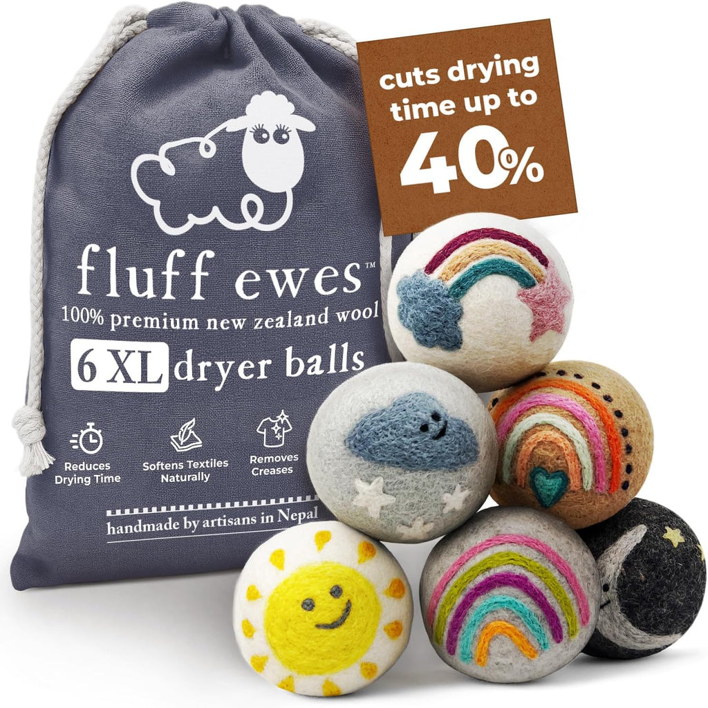 Fluff Ewes Wool Dryer Balls 6 Pack Premium New Zealand Wool Laundry Balls for Dryer, No Static Dryer Balls Laundry Reusable, XL Wool Dryer Balls Cute, Baby Dryer Balls for Dryers - Rainbow or Shine