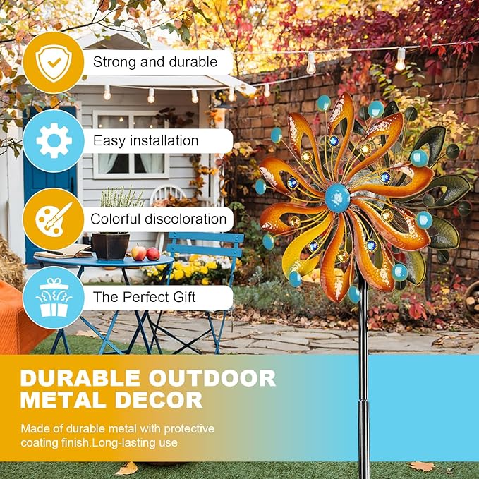 Wind Spinners for Yard and Garden - Wind Sculptures & Spinners 75 in Garden Kinetic Art with Solar Powered Multi-Color Glass Ball Light - Gradient Brown