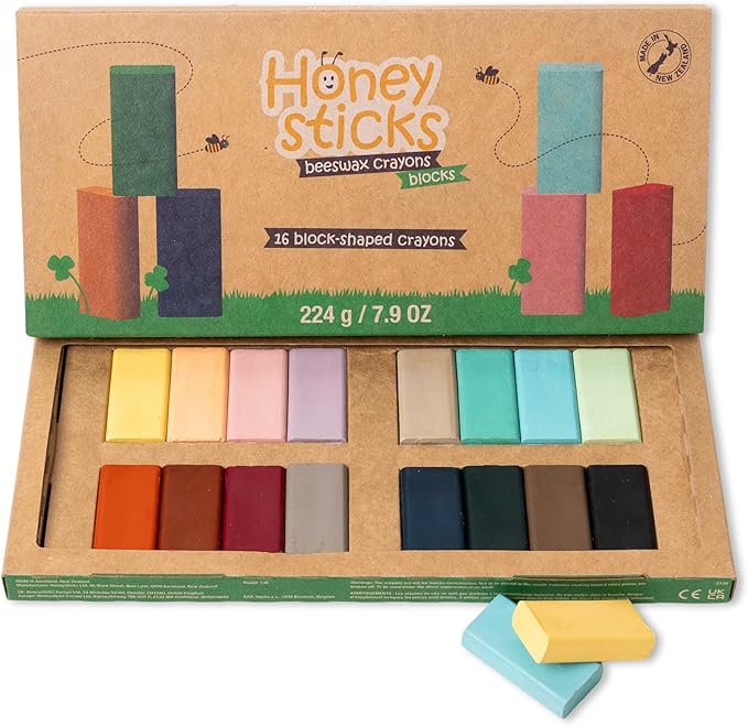 Honeysticks Block Crayons (16 Pack), Non-Toxic, Long-Lasting Jumbo Crayons for Kids, Toddlers, Made from Pure Beeswax and Food-Grade Colors, Ideal for Preschool Art Supplies