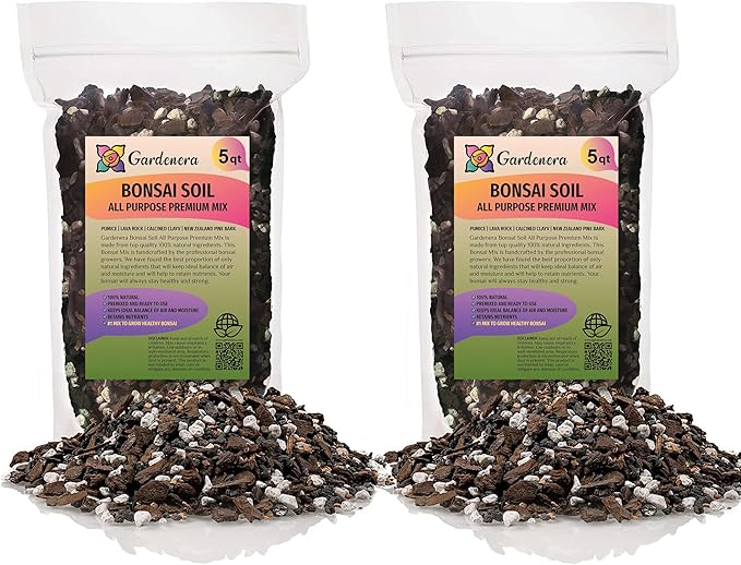 Premium Bonsai Soil All Purpose Fast Draining Mix - 10 Quart - Pumice, Lava, Calcined Clay and Pine Bark Potting Pre Mixed Bonsai Plant Soil Mixture by GARDENERA - Made in USA - (2 Bags of 5QT)
