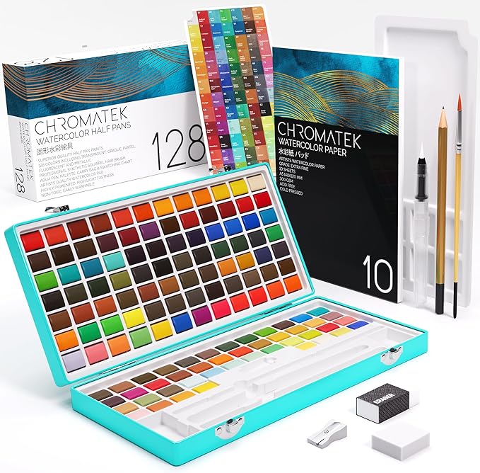 CHROMATEK Watercolor Paint Set – 128 Vibrant Colors for Artists & Beginners with Palette – Includes Metallic, Fluorescent, Pastel & Opaque Shades, Brushes, Pad, Swatch Sheets & Travel Case