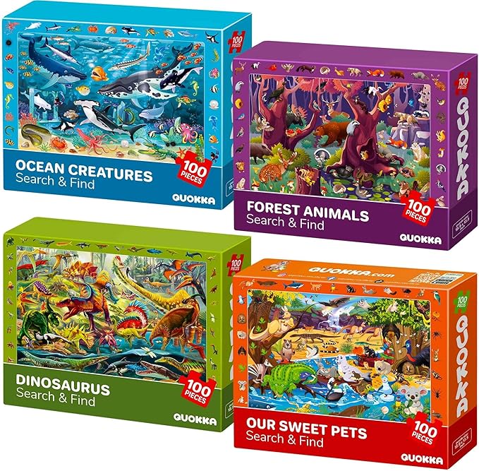 QUOKKA 100 Piece Puzzles for Kids Ages 4-6-4 Jigsaw Puzzles for Kids Ages - Search and Find Game with Animals, Dinosaurs for Childrens 5-8-Learning Educational Toys for Boys and Girls Improved Version