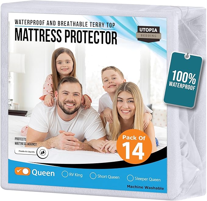 Utopia Bedding Waterproof Mattress Protector Queen Size (Pack of 14), Premium Terry Mattress Cover 200 GSM, Breathable, Fitted Style with Stretchable Pockets (White)