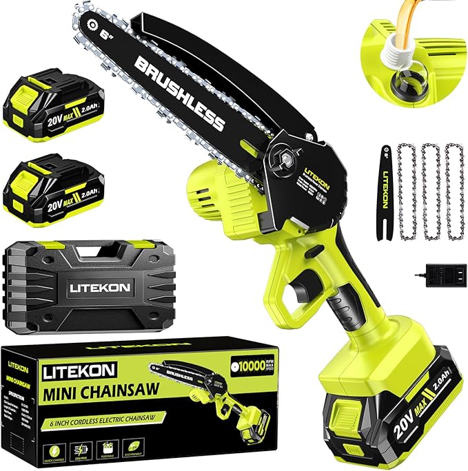 Brushless Mini Chainsaw with 1000W High Power Motor, 36 FT/S 6Inch Cordless Power Chainsaw with Auto-Oil System, 2025 Upgraded 20V Electric Chain Saw with 2x2000mAh Battery & Quick Charger, 3 Chains