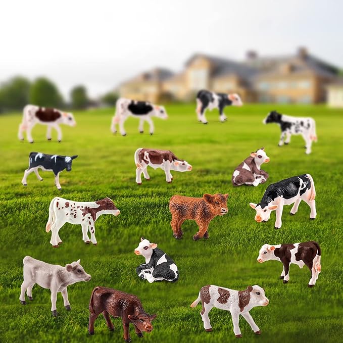 LC JoyCre Cows Figure Toys 15PCS Calves Figurines Set for Toddlers Realistic Holstein Cow Figures for Kids Simmental Cows Swiss Calf Highland Calf Figurine Birthday Cake Topper