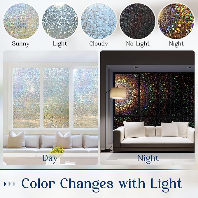 Haton Window Privacy Film, Rainbow Stained Glass Window Clings, 3D Decorative UV Sun Blocking Sticker, Removable Static Cling Heat Control Tint for Home Door, 23.6" x 78.7" Non-Adhesive
