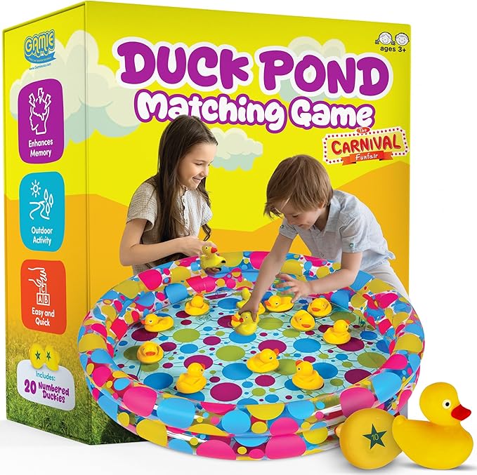 Gamie Duck Pond Matching Carnival Game for Kids, 36" x 6" Inflatable Pool & 20 Plastic Ducks with Numbers, Water Outdoor Game for Kids, Fun Memory Game for Backyard, Birthday Party Field Day Games