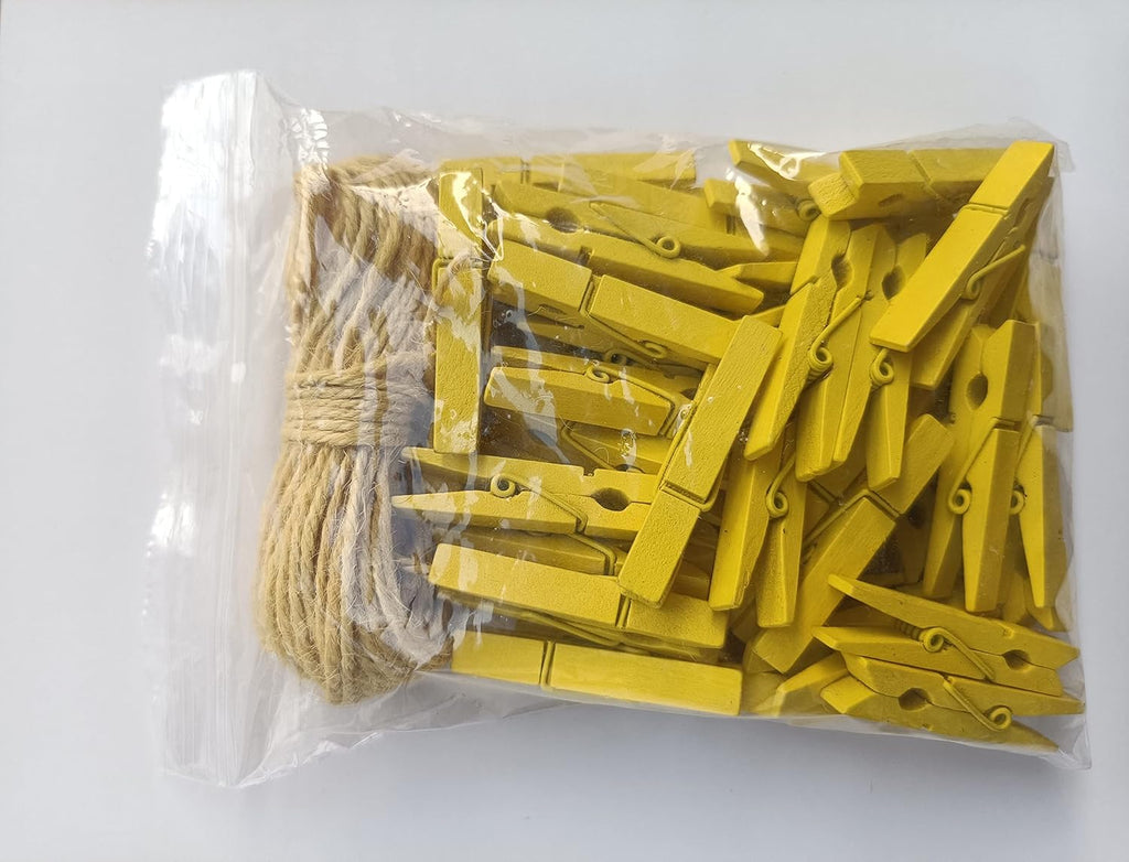 1.9" Yellow Wood Clothes Pins Easter Party Art Display Hanging Kit Place Card Holder Clothespin with Jute Rope Pack 50