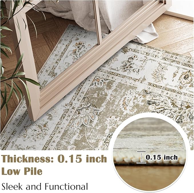jinchan Runner Rug 3x8-2pcs Kitchen Washable Vintage Hallway Rug Floral Print Floor Cover Indoor Thin Retro Mat Accent for Bathroom Laundry Room Bedroom Office Farmhouse (Double,Taupe)
