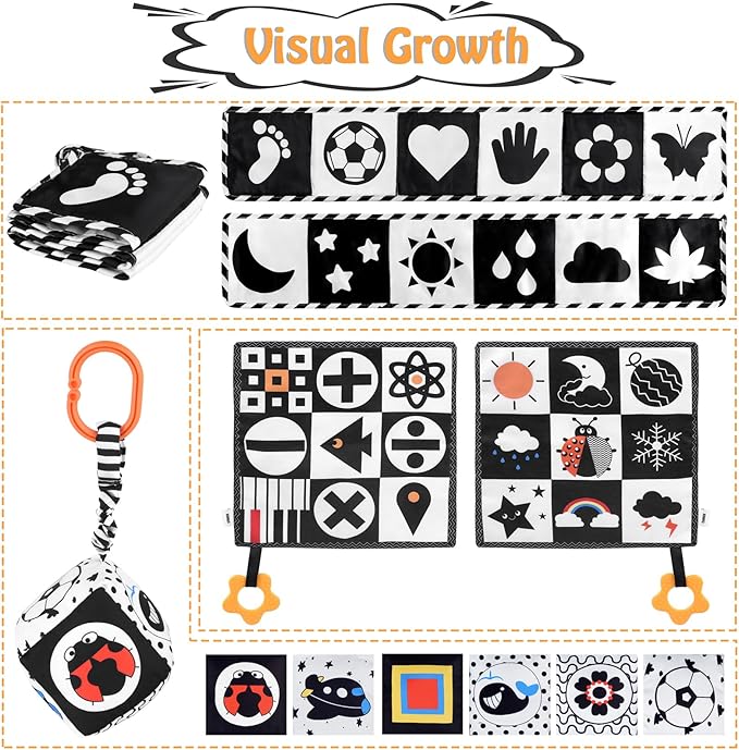 SAMMAS Black and White High Contrast Baby Toys 0-3 Months for Newborn Toys Infant Sensory Soft Book Infant Tummy Time Toys for Brain Development Montessori Learning Activities for Babies(3 Pcs)