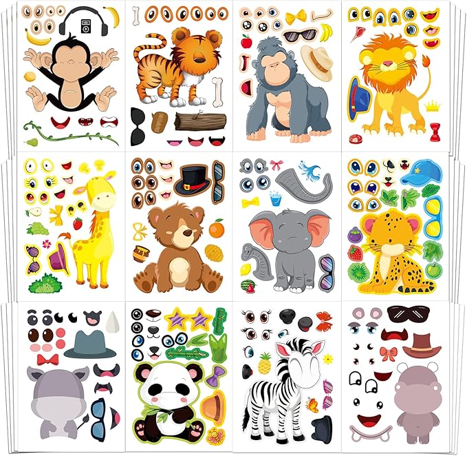 Aowplc 48 Make A Safari Animal Sticker Sheets - Jungle & Zoo Party Favors Supplies - Fun Craft Activities for Kids Ages 3+