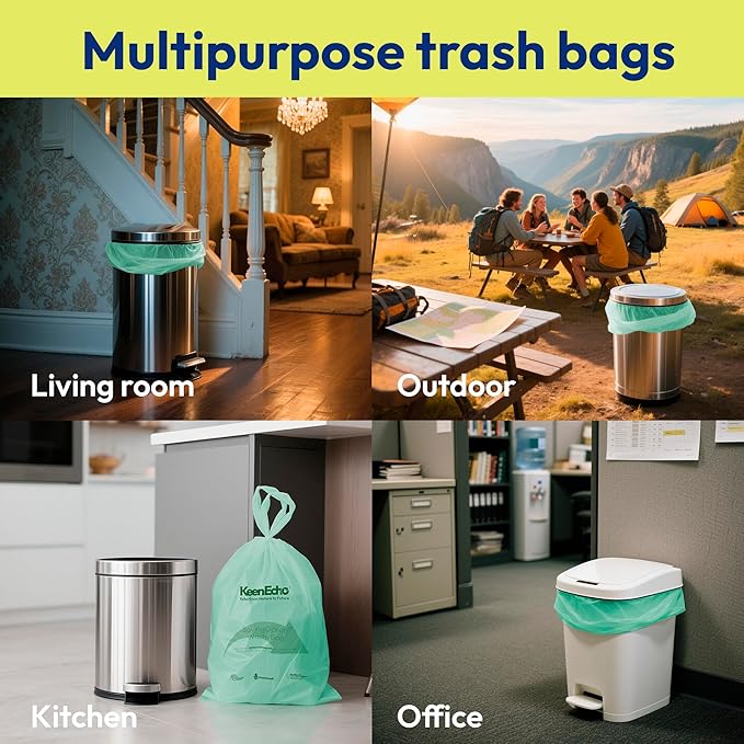 13 Gallon 80 Counts Small Green Trash Bags with Handle, Ocean Fishing Nets Upcycling, Sage & Sea Salt Scented, Plastic Garbage Bags, Waste Bag for Kitchen, Bathroom, Office and Pets