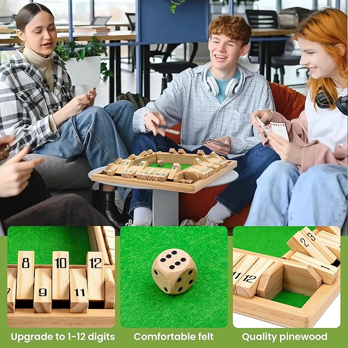 ropoda Shut The Box Game, Upgraded 12 Numbers Wooden Board Games for Adult and Kids, Shut The Box Dice Game -Addition Training, Fun for Family Game Night