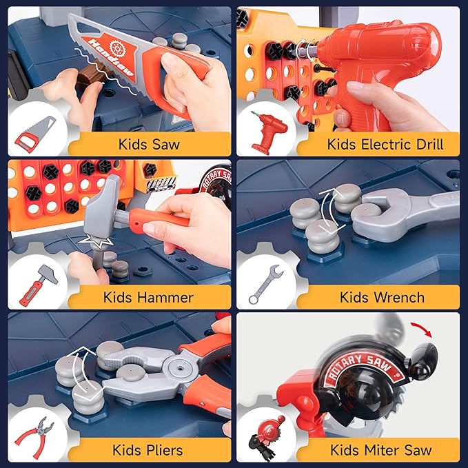 Kids' Tool Bench with 118 Realistic Pieces, Electric Drill & Stickers - Pretend Play Learning Gift for Boys & Girls Age 3-5