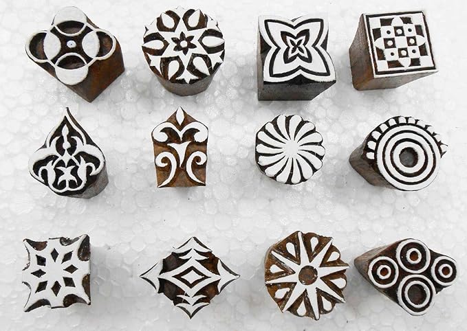 Wholesale Pack of 12 Wooden Block Printing Stamps for Textile Designing/Henna Tattoo/Crafts Printing Pattern for Saree/Home Decor