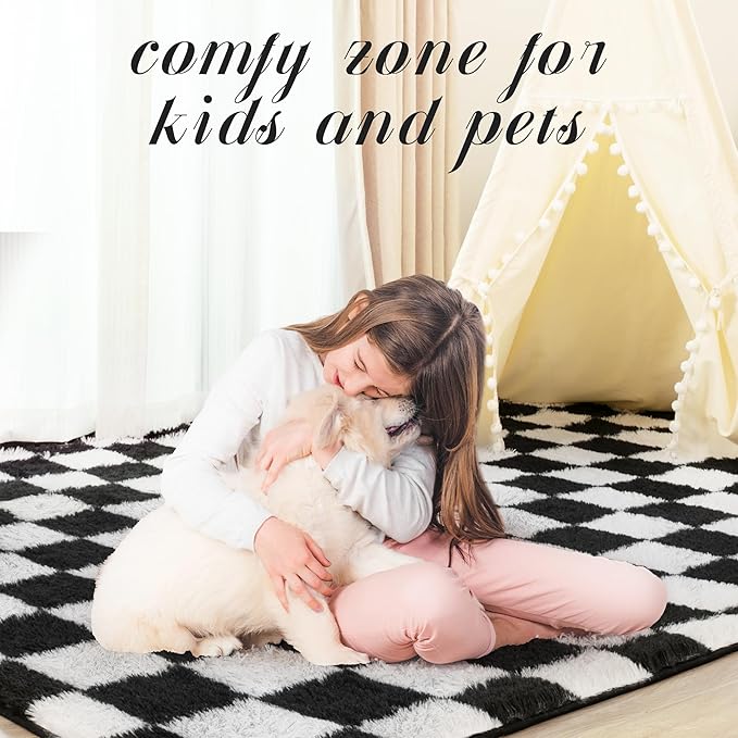 Super Soft Rug for Bedroom, 5x7 Ft Black and White Area Rug Classic Checkered Shaggy Anti-Skid High Pile Soft Fluffy Rug Fuzzy Carpet for Living Room Bedroom Kids Room Nursery, Dorm Home Decor