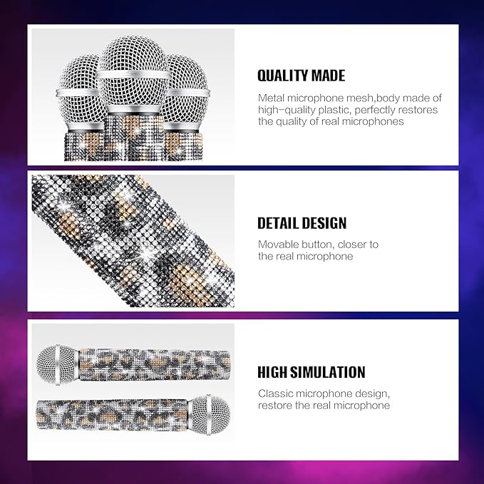 Sanwuta Fake Microphone Prop Sparkly Bling Rhinestones Plastic Play Microphone Pretend Glitter Bedazzled Mic for Cosplay Party Costume(Leopard)