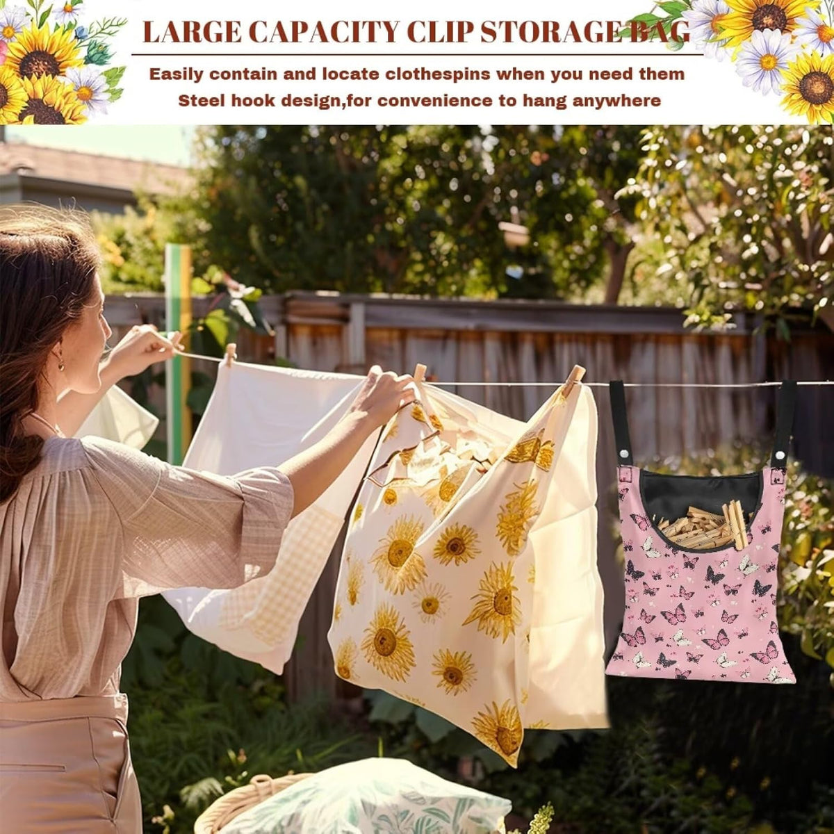 Butterfly Print Clothes Pin Hanging Bag, Stylish Clothespin Bag with Hanging Rope, Clothespin Organizer
