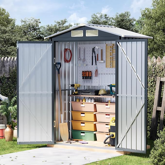 5x3 FT Outdoor Metal Storage Shed, Double Door, 1 Clear Window, Tool Shed for Garden, Patio, Backyard