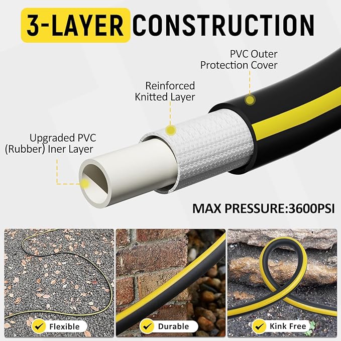 Flexible Pressure Washer Hose 25ft - 1/4" Non Kinking Power Washer Hose For Pressure Washer,3600psi M22-14mm High Pressure Hose Extension