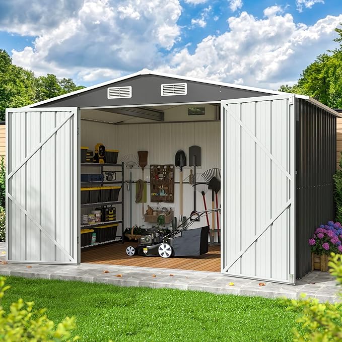 10x8 FT Outdoor Storage Shed, Metal Garden Tool Shed with Updated Frame Structure and Lockable Doors, Ideal for Backyard Garden Patio Lawn, Grey