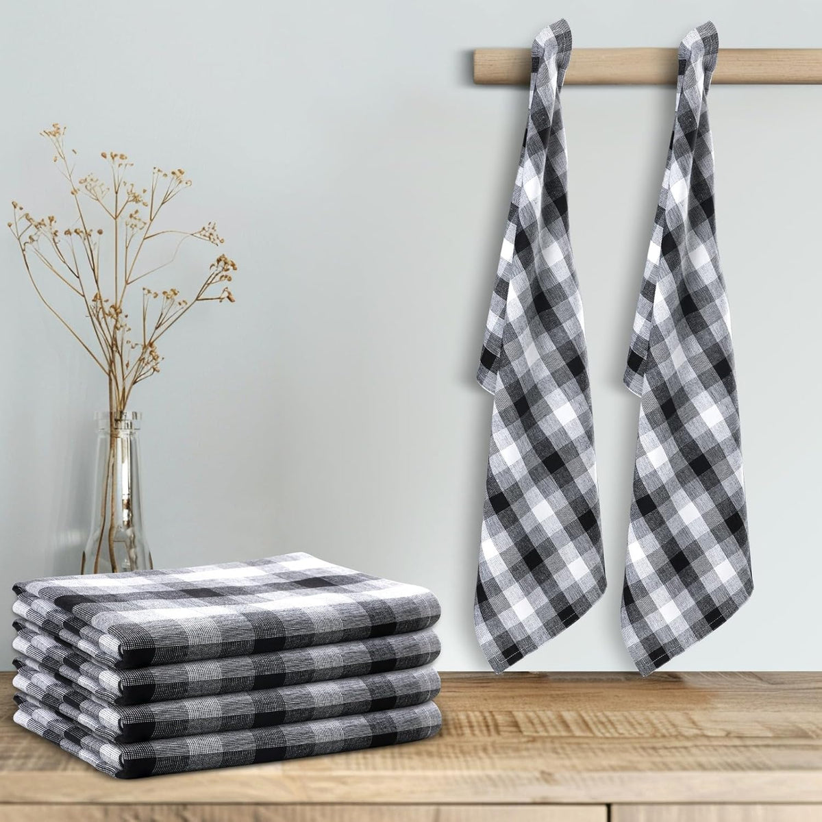 Kitchen Towels Set of 6 Black/White Checks 20x30 Inches 100% Cotton Highly Absorbent Kitchen Towels Premium Quality Ultra Soft Mitered Corners
