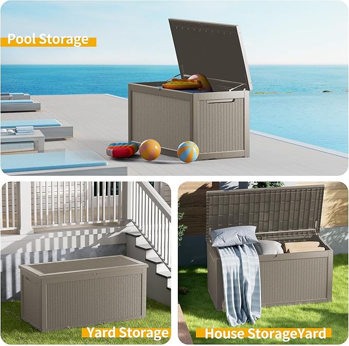 320 Gallon Outdoor Storage Box Waterproof Lockable Resin Deck Box Large, Patio Storage Bin for Pool Accessories Cushion Furniture, Garden Tools, UV-Resistant Outside Delivery Grey