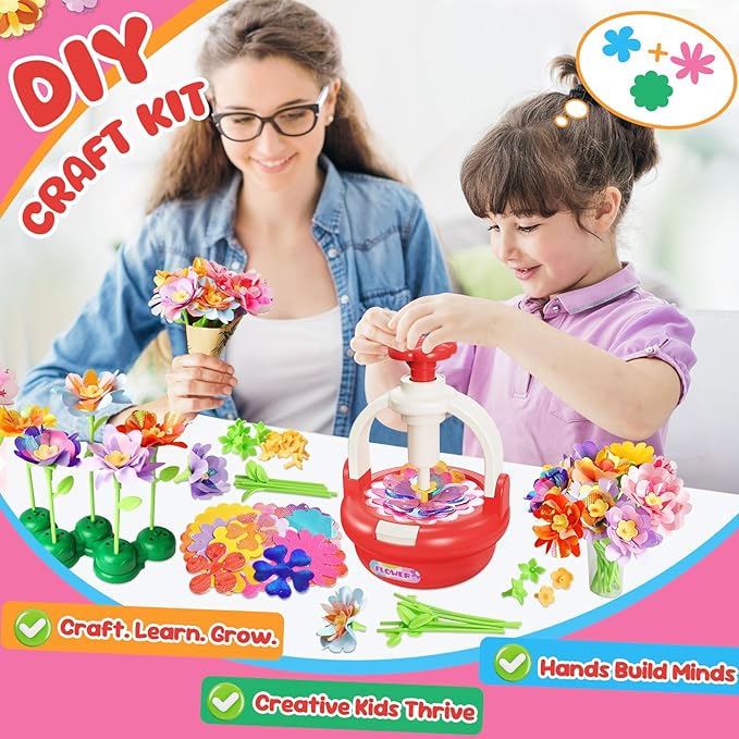 Einailvk Fabric Flower Bouquets Toys, DIY Flower Making Kit for Kids 3 4 5 6 7 8 9 10 11 12 Year Old Girl Birthday Christmas Gift, Art and Crafts Kit Toys for Girls 4-6 6-8 8-12 Year Old (RED)