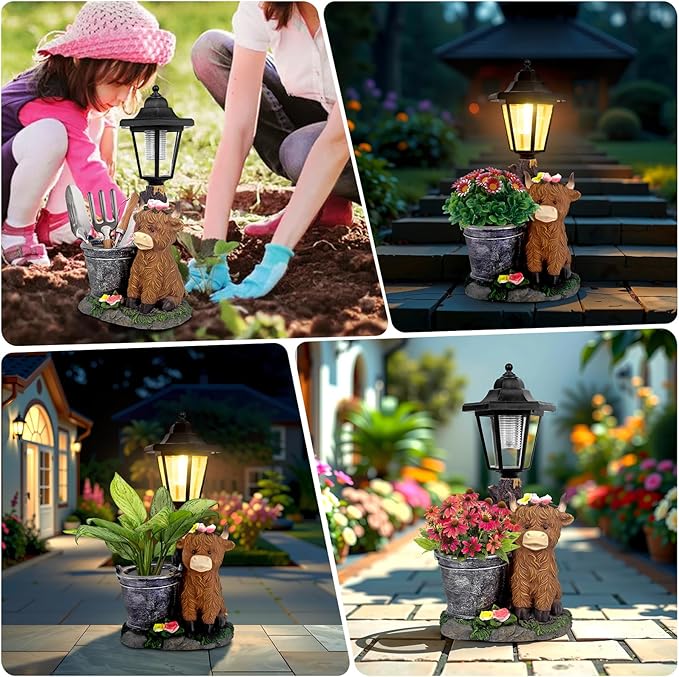 Solar Highland Cow Outdoor Statues, Garden Sculptures with Flowerpot Decor & Solar Lantern for Yard Art Lawn Ornaments Porch Patio Balcony - Birthday Gifts for Women Mom