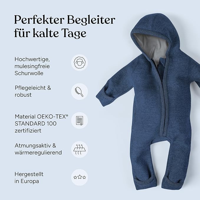 Ehrenkind® WOOLEN JUMPSUIT for Infants and Kids, Warm infant One-Piece made of natural virgin wool with zipper