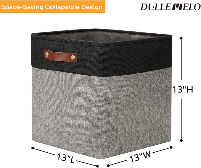 DULLEMELO Storage Bins for Organizing,Closet Storage Baskets for Gift Empty,Large Linen Canvas Storage Bins with Handles for Home Office Toys Shelves(Black&Grey, 13 inch Cube)