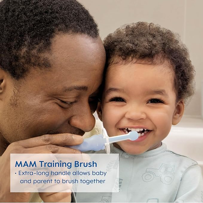 MAM Learn to Brush Set (1 Baby's Brush Toothbrush, 1 Training Brush, 1 Safety Shield), Baby Toothbrushes with Brushy The Bear, Interactive App, for Girls 5+ Months, Blue